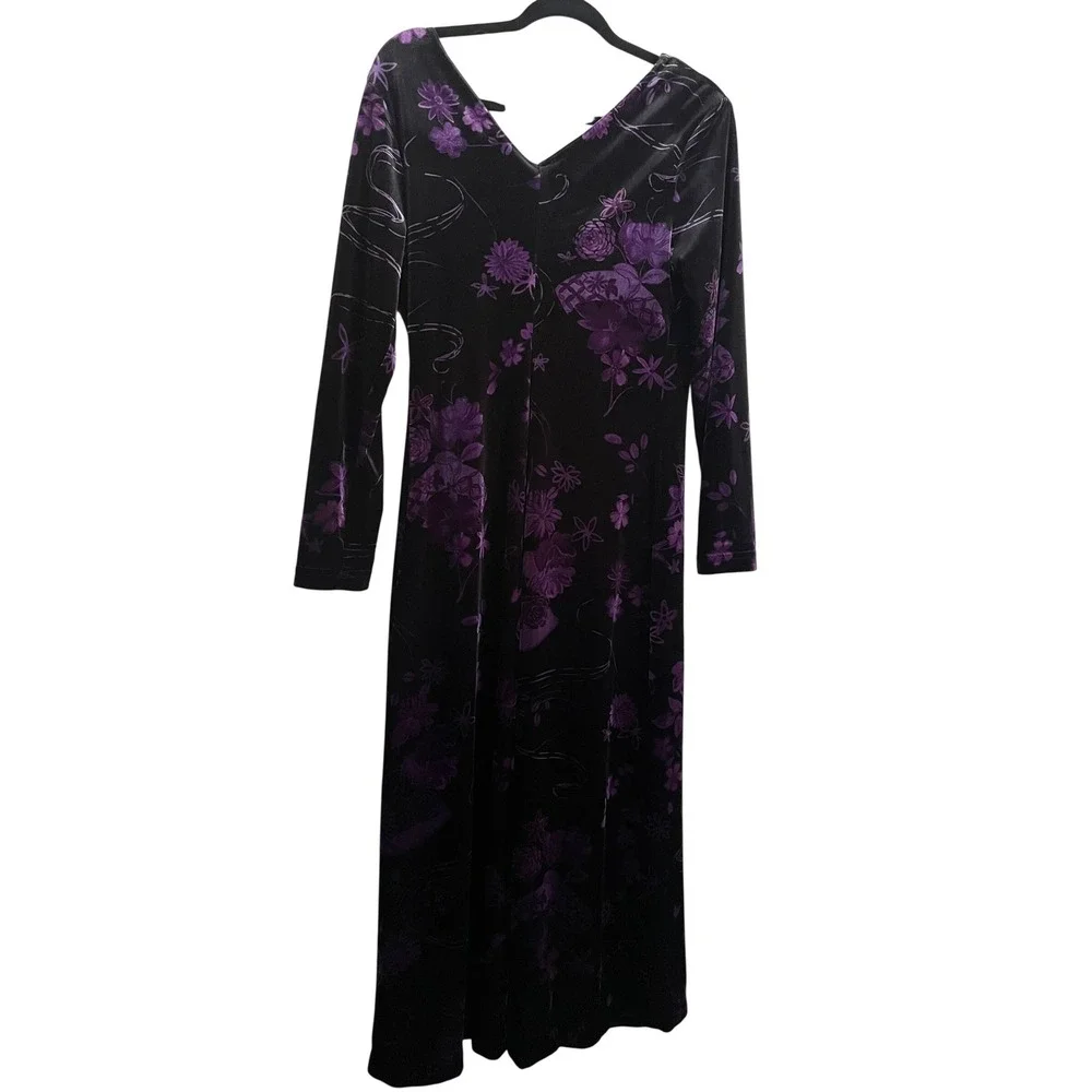 Vintage 90s Y2K Purple Velvet Floral Babydoll Maxi Dress 12 Fairy Grunge Goth - Picture 7 of 9